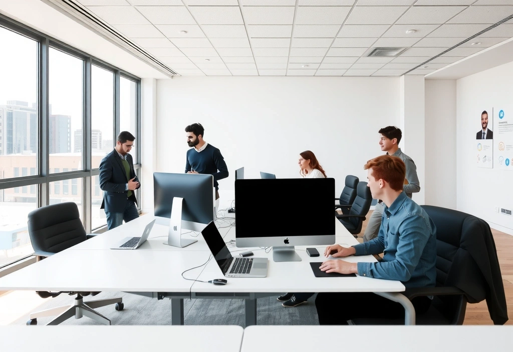 Modern, clean office interior with creative professionals collaborating