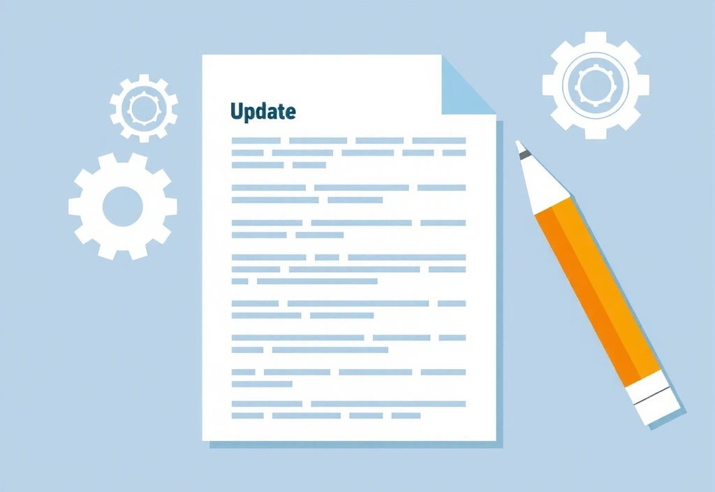 Illustration of a document being updated with a pen and gears