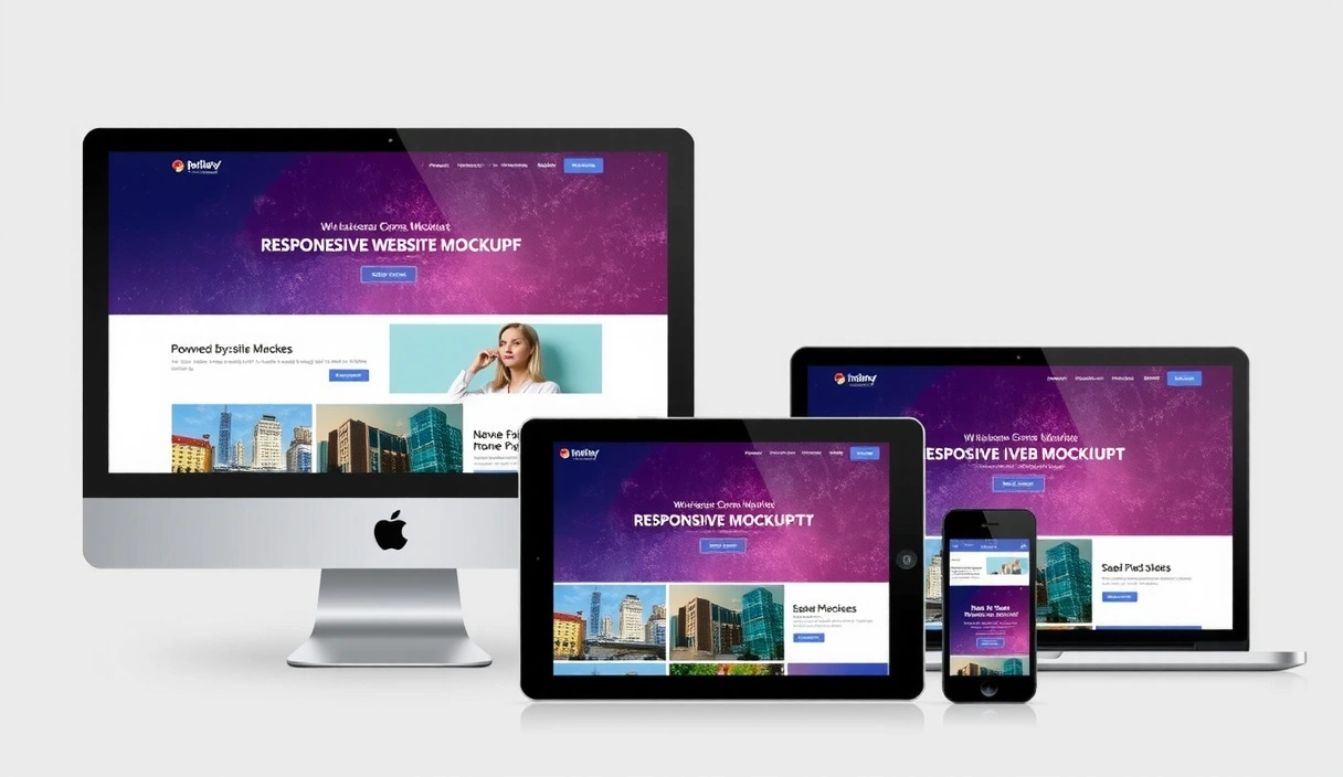 Gallery of diverse website mockups on various devices, clean, no text or letters, showcasing responsive design across desktops, laptops, tablets, and smartphones.