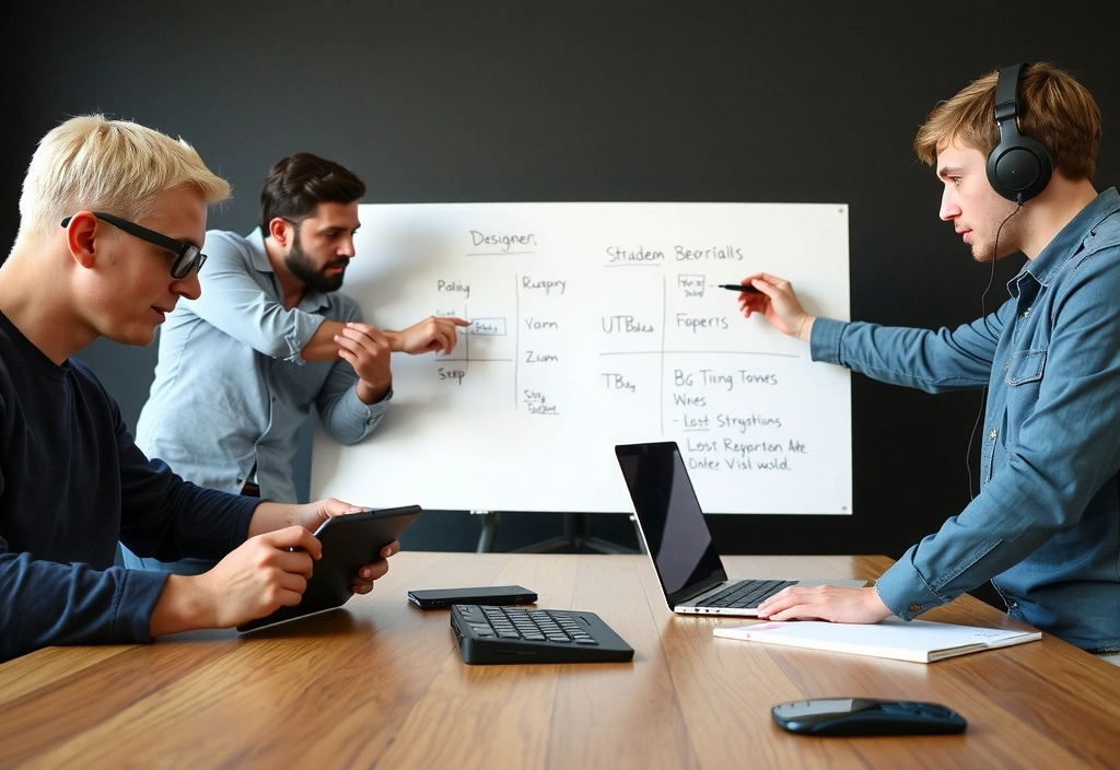 A team collaborating on a digital project, showcasing various stages of development from ideation to coding.
