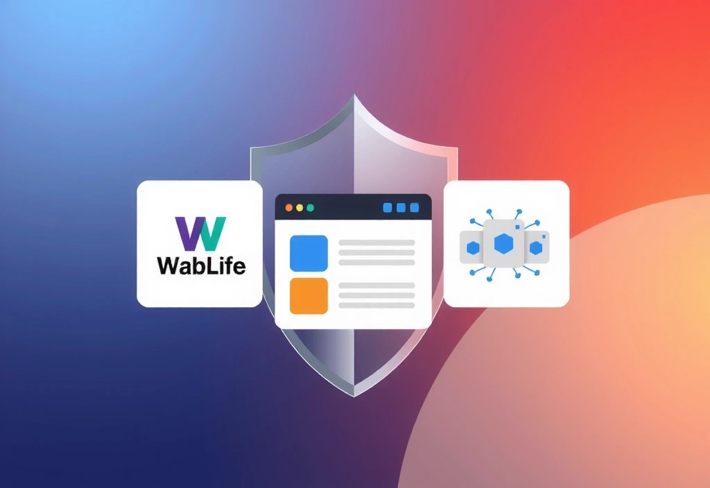 Illustration of intellectual property protection, with a shield safeguarding creative assets like a website, logo, and documents